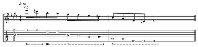 Example 5: This is Sonny's scale, played at the 10th and 12th frets on all six strings. The resulting notes give you a six note scale: 1 2 3 4 5 b7, which is basically the mixolydian mode with the sixth omitted. Pay close attention to the right hand fingering under the notation. If you're not sure what it means, look at our tab guide linked to in this article.